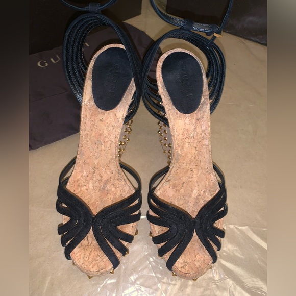 Gucci Black Gold Studded Cork Wedges Sandal-38 - Picture 2 of 11